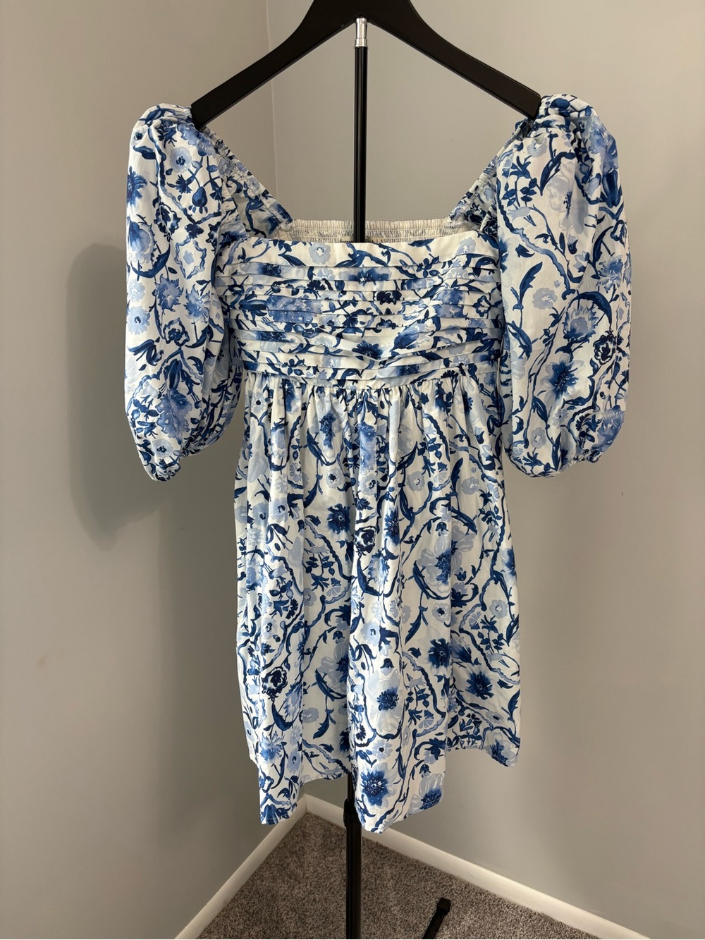 Abercrombie & Fitch Blue Floral Ruched Puff Sleeve Emerson Mini Dress Cotton S - Picture 2 of 9